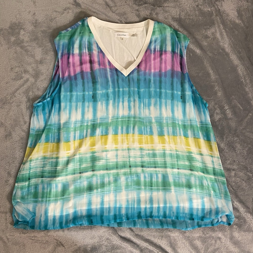 Calvin Klein Woman's OX‎ Sleeveless Multicolor Top Sheer Lined Spring colorful